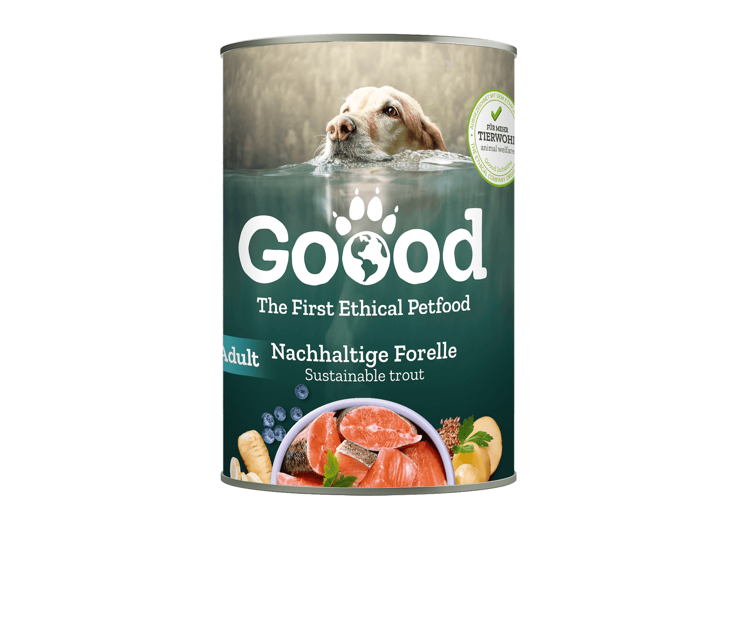 Sustainable Trout Wet Food for Adult Dogs in a can with ethical branding and a dog in water.