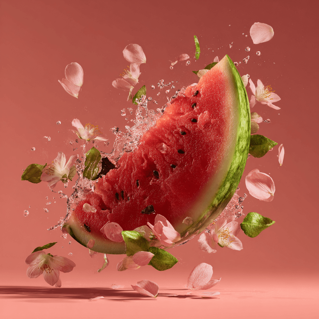 Watermelons Fragrance 100ml with watermelon splash and petals, showcasing summer freshness.