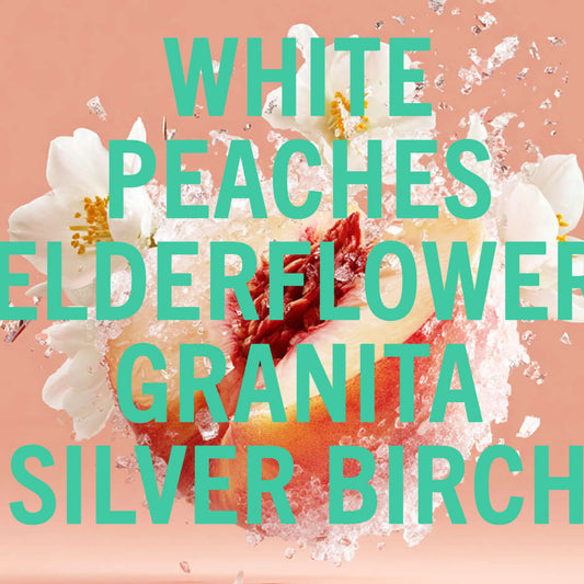 White Peaches Fragrance 100ml featuring peach, elderflower, and silver birch in a vibrant floral design.