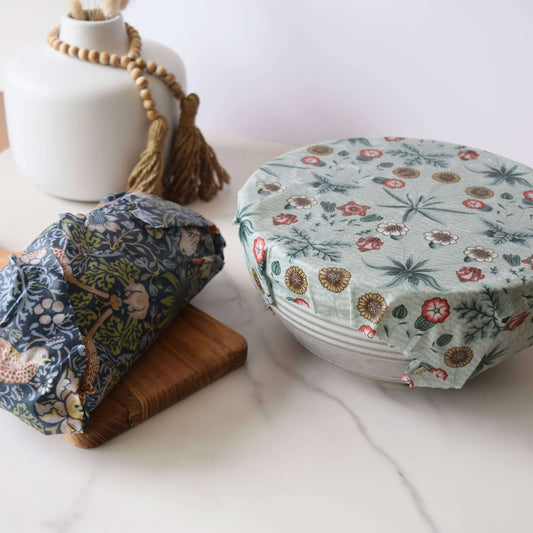 William Morris Large Beeswax wrap singles used to cover bowls for sustainable kitchen storage.
