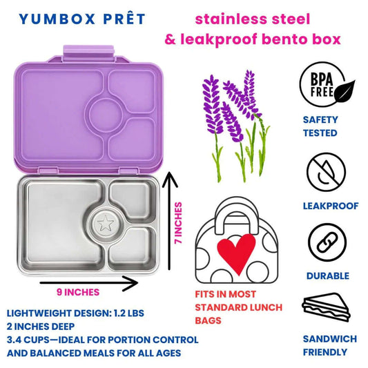 Yumbox Prêt Stainless Steel Leakproof Bento Lunch Box - Various Colours with safety features and dimensions.
