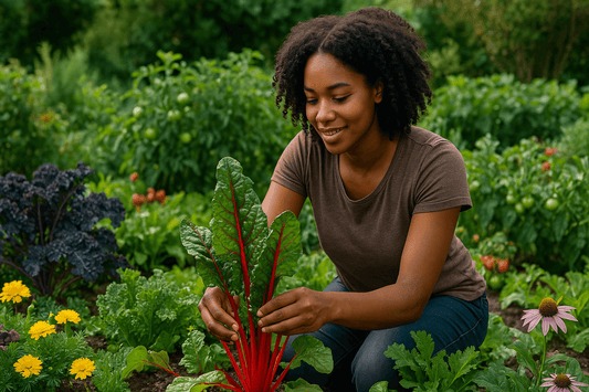 From Garden to Gourmet: How Edible Landscaping (‘Edimentals’) is Redefining Outdoor Living - woman harvesting vibrant greens in a garden.