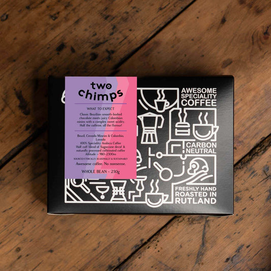 The Perfect Balance: Why Half-Caff Coffee is the Future of Caffeine Consumption - Two Chimps Coffee packaging.