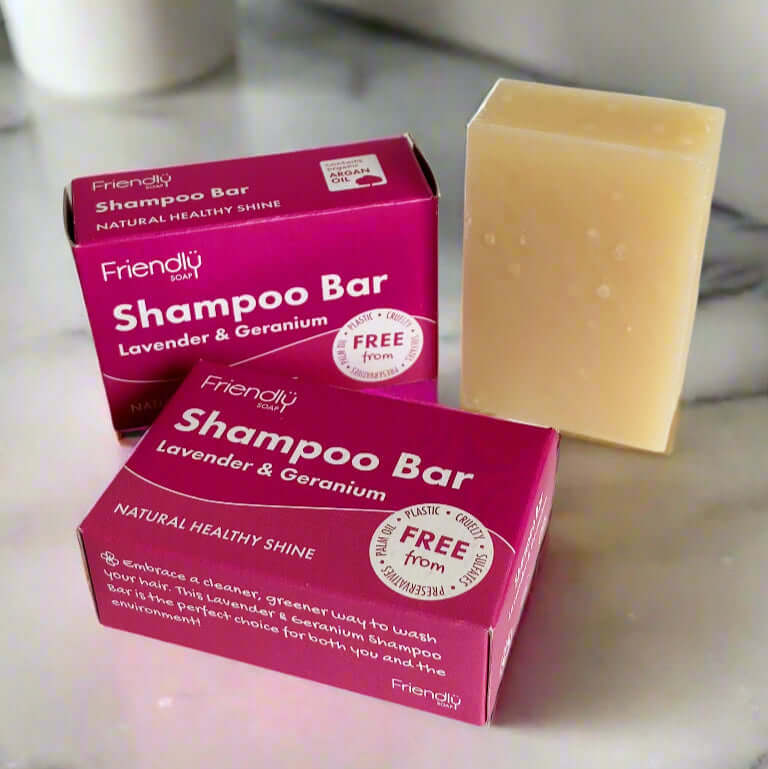 Friendly Soap Lavender and Geranium shampoo bar with eco-friendly packaging on a marble surface, plastic-free natural hair care UK from ALEWK.CLUB