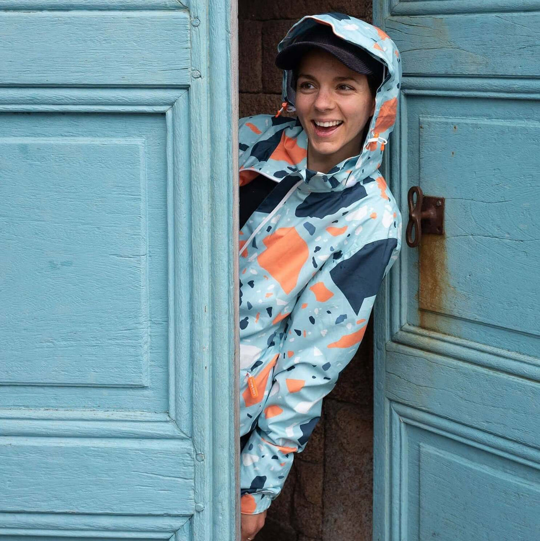 Labo Mono Go-Go Jacket in Sky Terrazzo limited edition recycled polyester waterproof jacket, sustainable fashion UK from ALEWK.CLUB Brighton