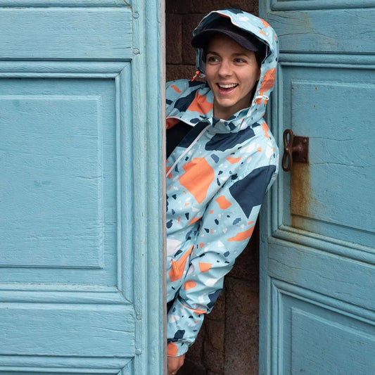 Labo Mono Go-Go Jacket in Sky Terrazzo limited edition recycled polyester waterproof jacket, sustainable fashion UK from ALEWK.CLUB Brighton