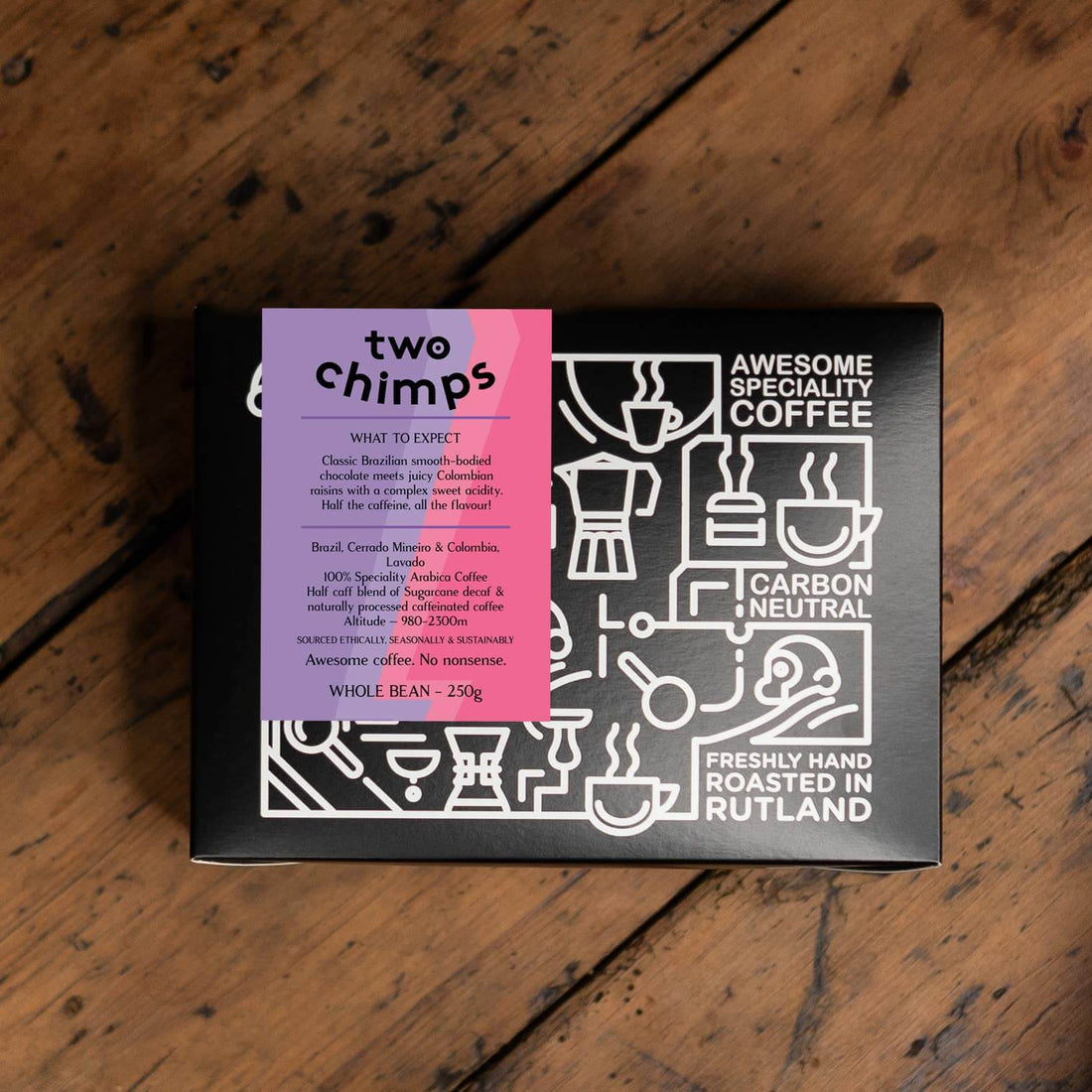 Two Chimps Two Horned Unicorn Half Caff single origin coffee 250g bag, hand-roasted sustainable coffee UK from ALEWK.CLUB Brighton