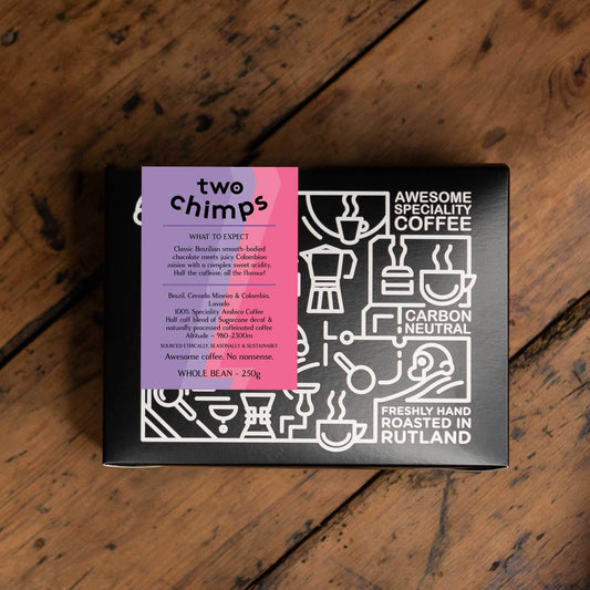 Two Chimps Two Horned Unicorn Half Caff single origin coffee 250g bag, hand-roasted sustainable coffee UK from ALEWK.CLUB Brighton