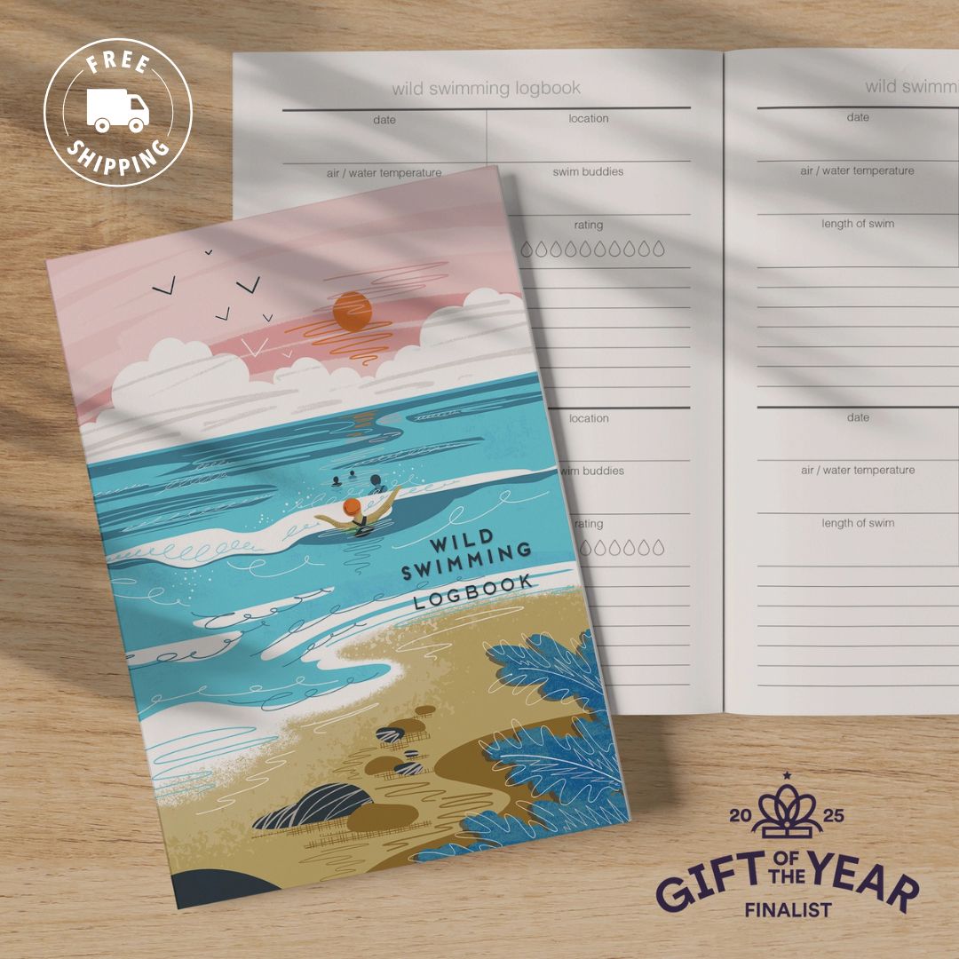 Onneke Wild Swimming Logbook featuring a serene beach scene and pages for recording swim details.