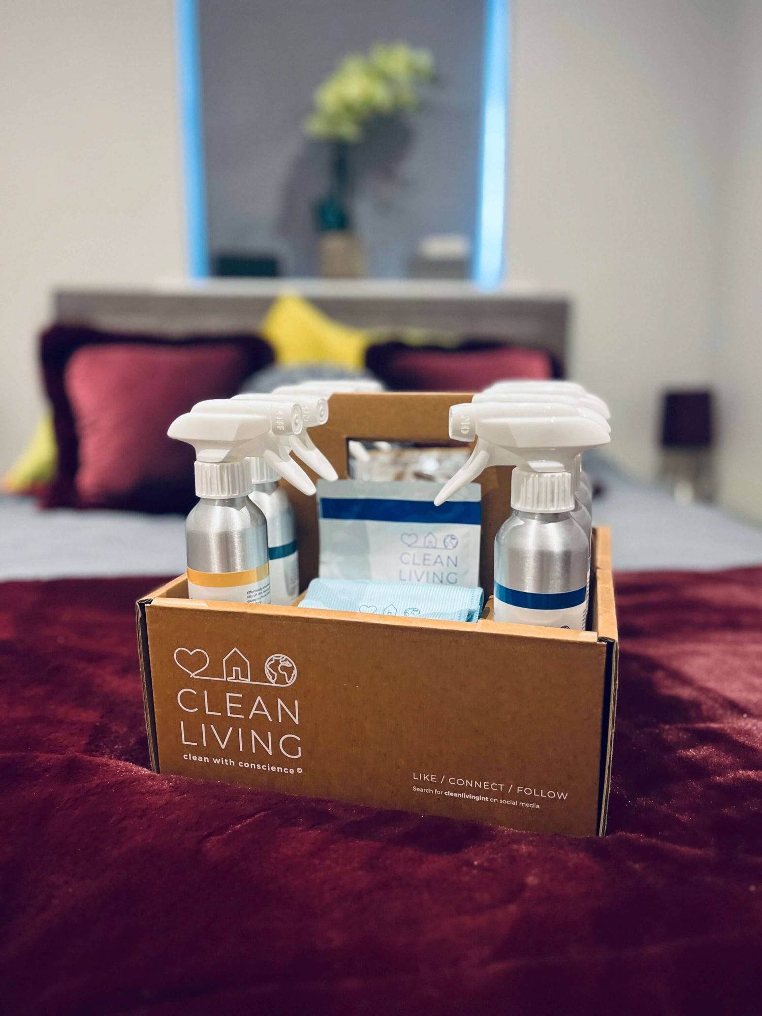 Clean Living International cleaning products organized in a stylish box with refillable spray bottles.