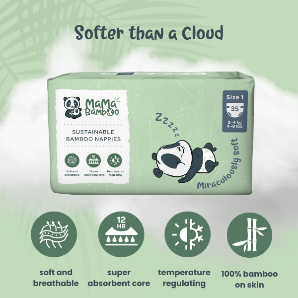 Mama Bamboo sustainable bamboo nappies pack featuring adorable panda design and key benefits for baby care.
