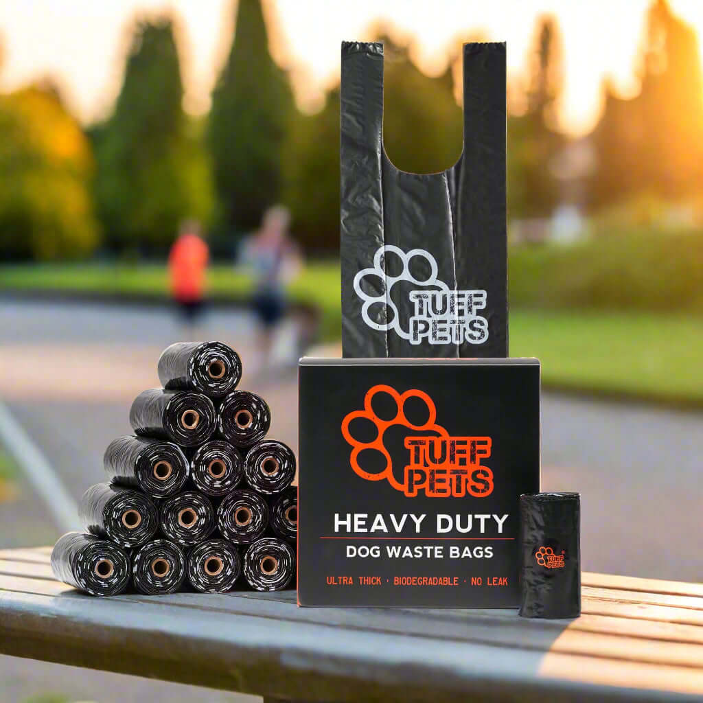 Tuff Pets heavy duty dog waste bags, eco-friendly and biodegradable, displayed outdoors with compostable packaging.
