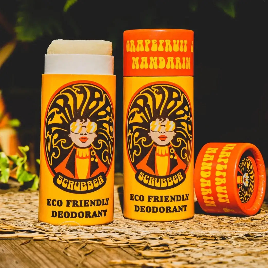 Shop Scrubber eco-friendly deodorant in vibrant packaging with grapefruit and mandarin fragrance.