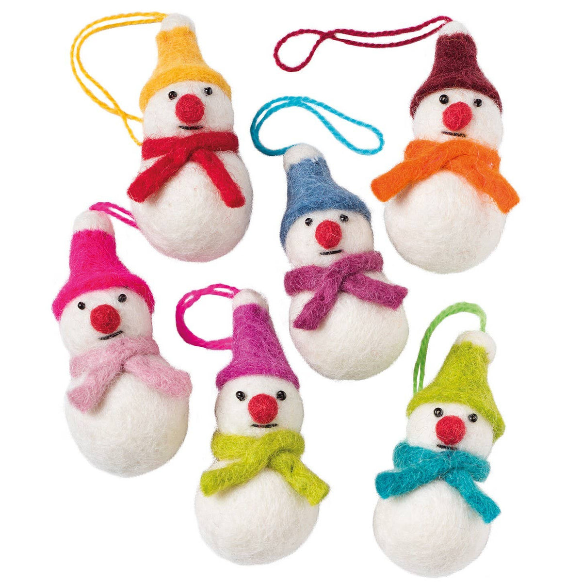 Six felt snowman ornaments in different winter hat and scarf colors, arranged on a plain white background.