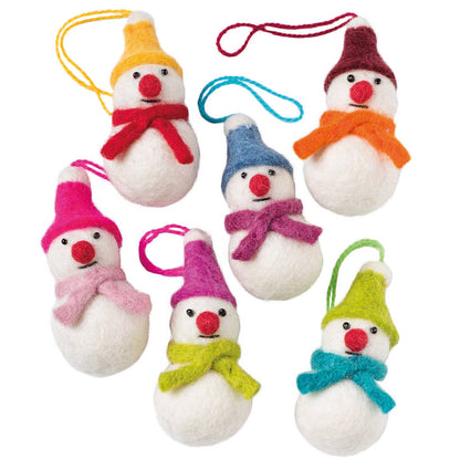 Six felt snowman ornaments in different winter hat and scarf colors, arranged on a plain white background.