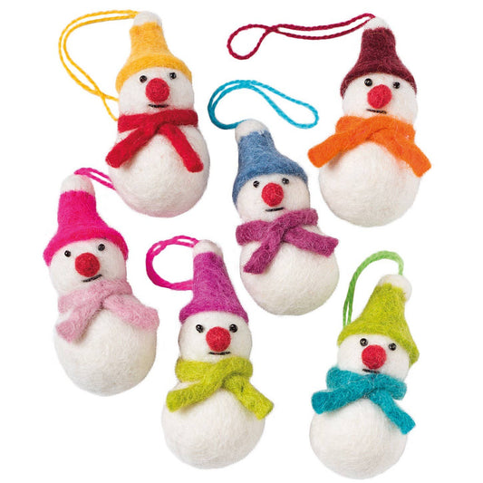 Six felt snowman ornaments in different winter hat and scarf colors, arranged on a plain white background.