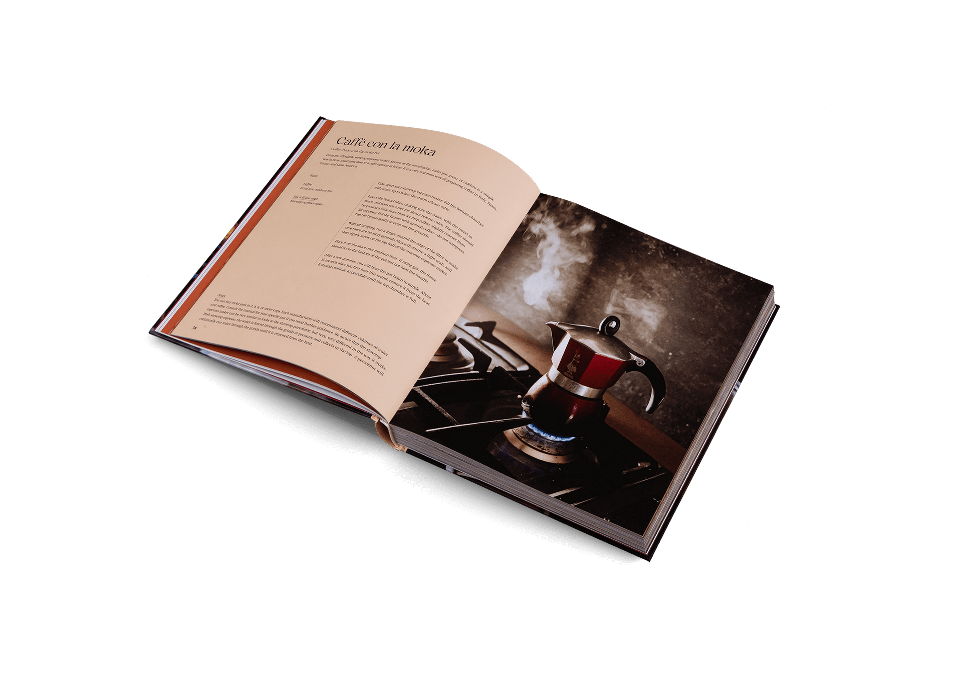 Open book with a photograph of a coffee pot on a white background