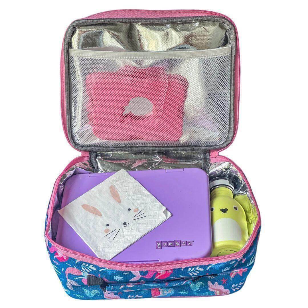 Yumbox Prêt Stainless Steel Leakproof Bento Lunch Box - Various Colours in a colorful lunch bag with accessories.