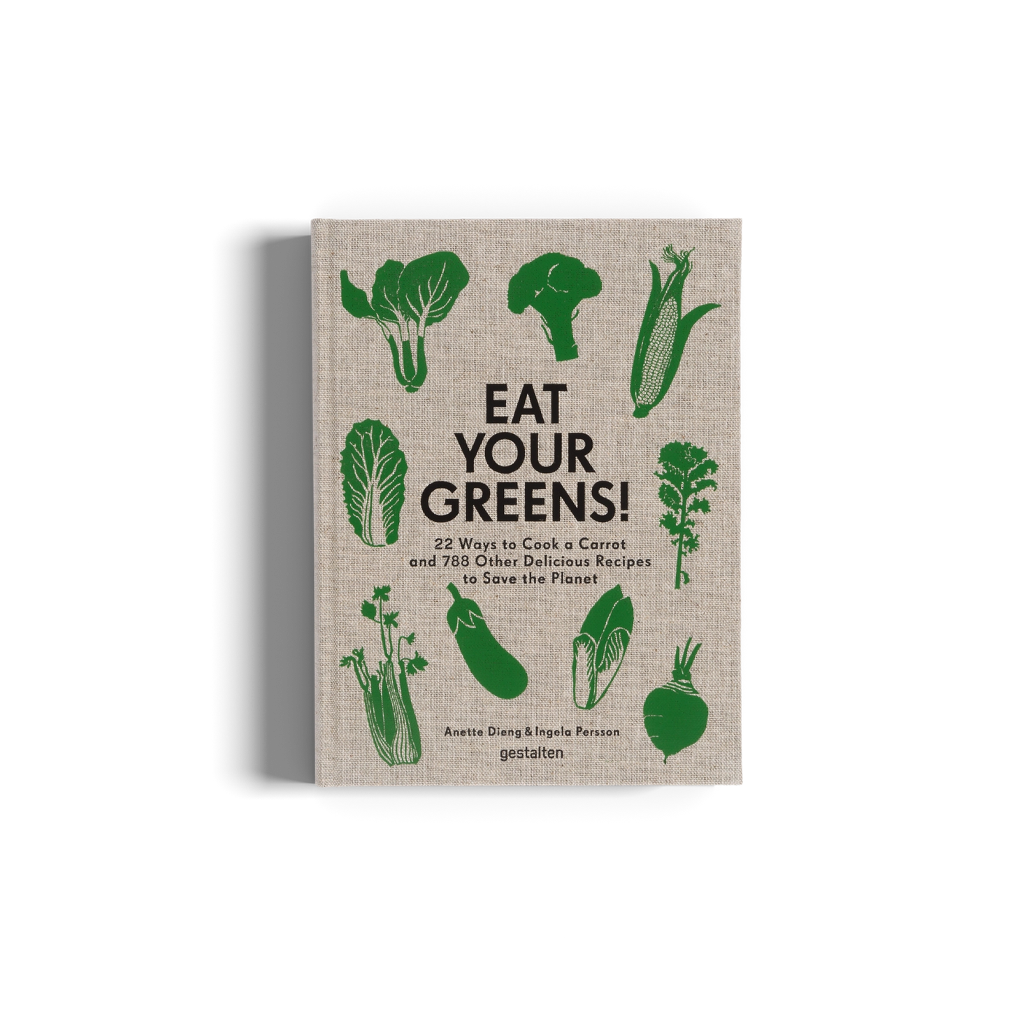 Book cover with green vegetables illustrations and 'Eat Your Greens!' text on a beige background