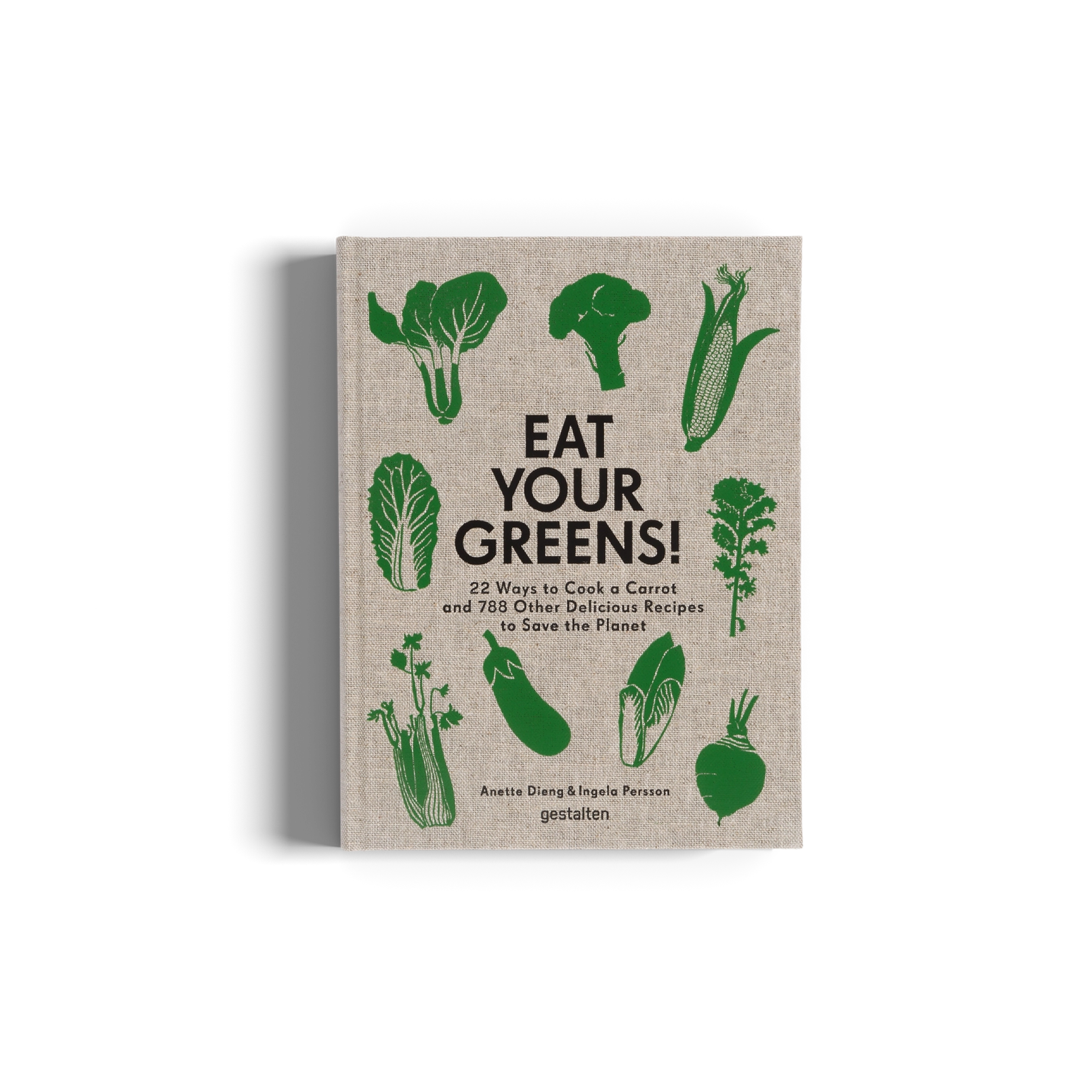 Book cover with green vegetables illustrations and 'Eat Your Greens!' text on a beige background