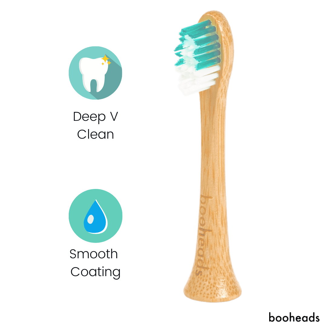 Bamboo toothbrush with green bristle head on a white background, featuring 'Deep V Clean' and 'Smooth Coating' icons.