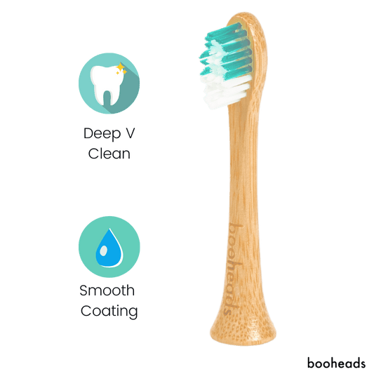 Bamboo toothbrush with green bristle head on a white background, featuring 'Deep V Clean' and 'Smooth Coating' icons.