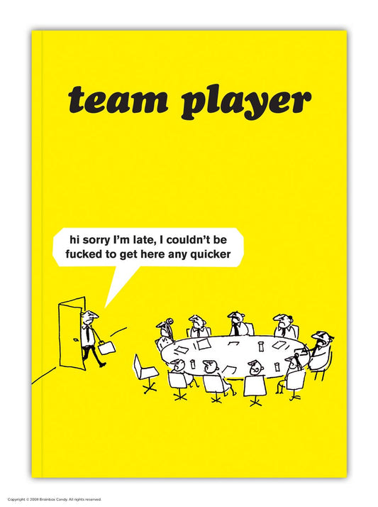 Cartoon illustration of a team meeting with text on a yellow background