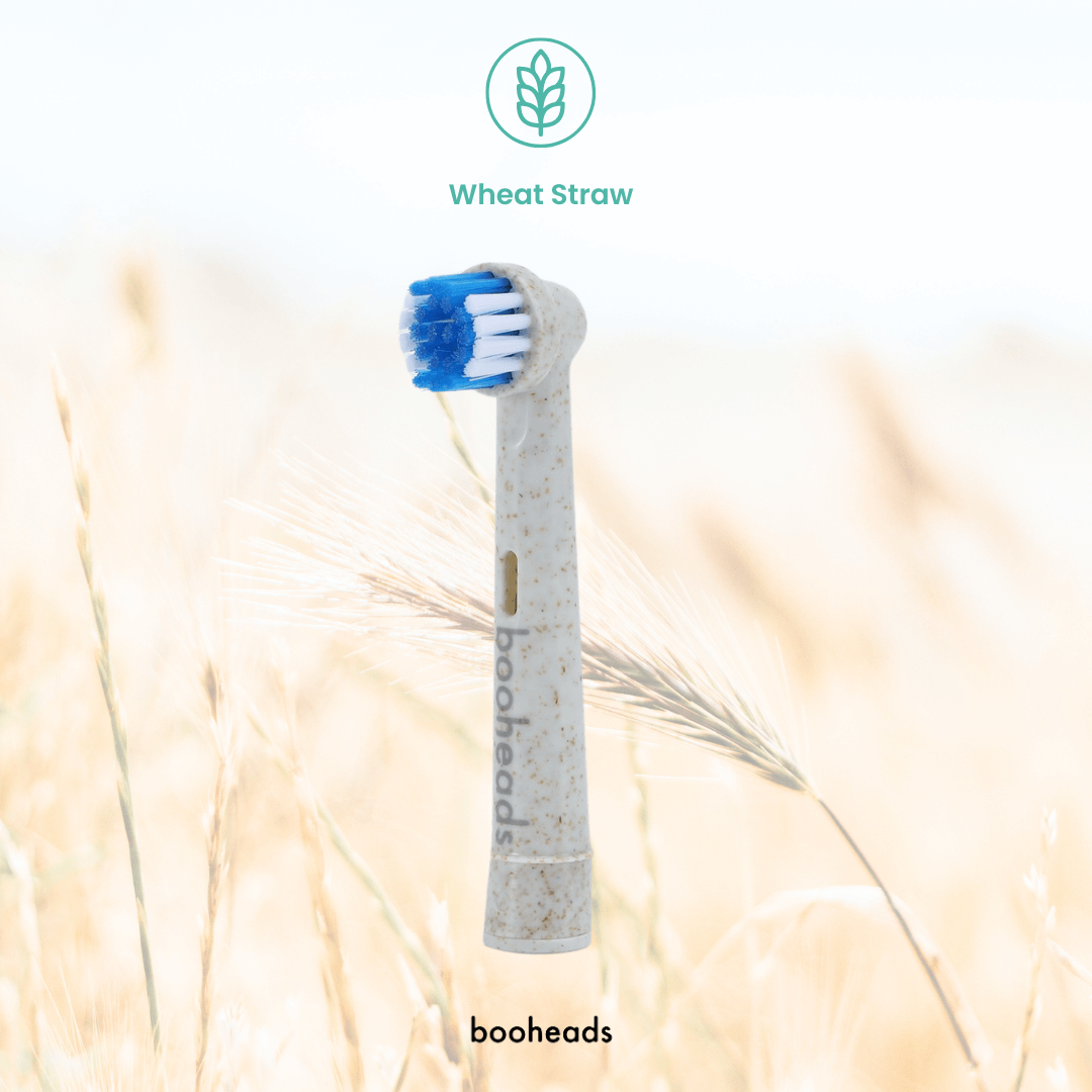 boohheads toothbrush head with wheat straw material label on a blurred natural background