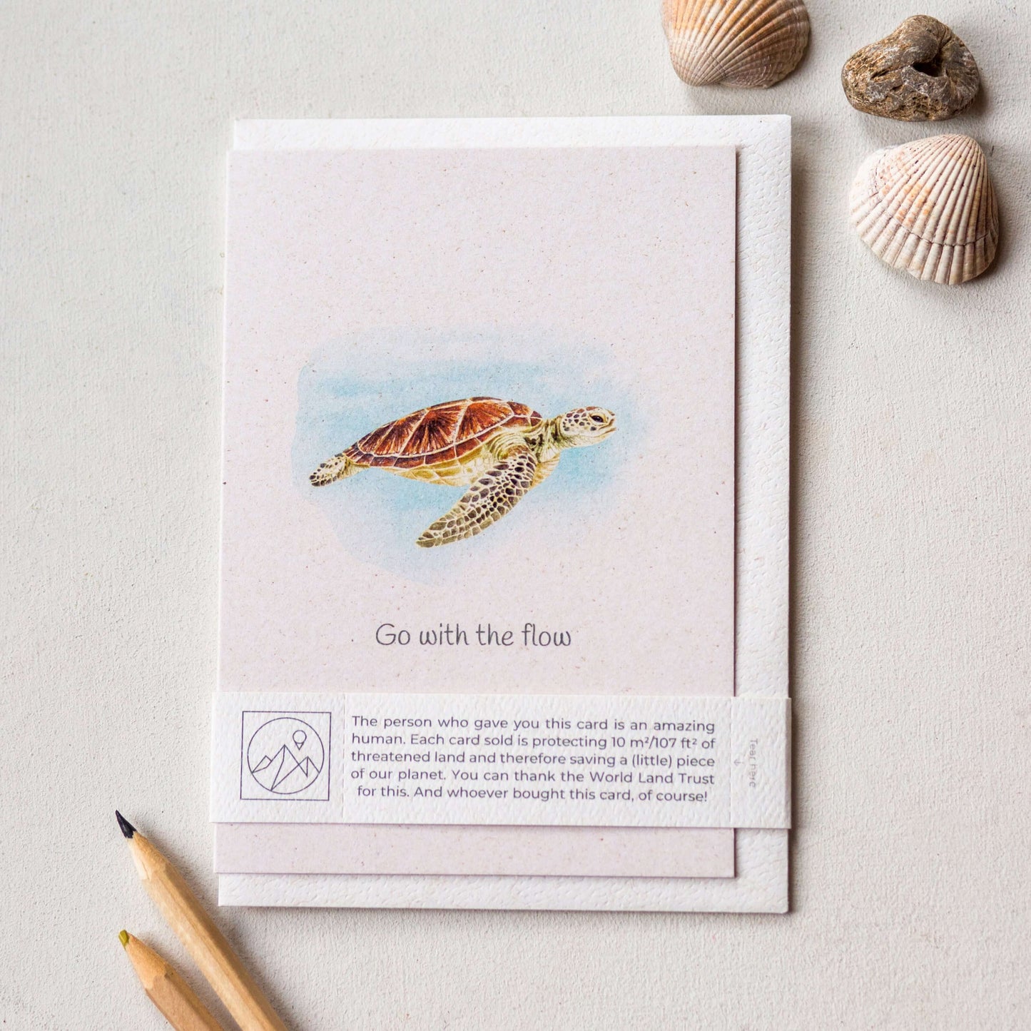 Animal Lover Charity Greeting Card featuring a sea turtle with the text 'Go with the flow', eco friendly design from a UK shop.