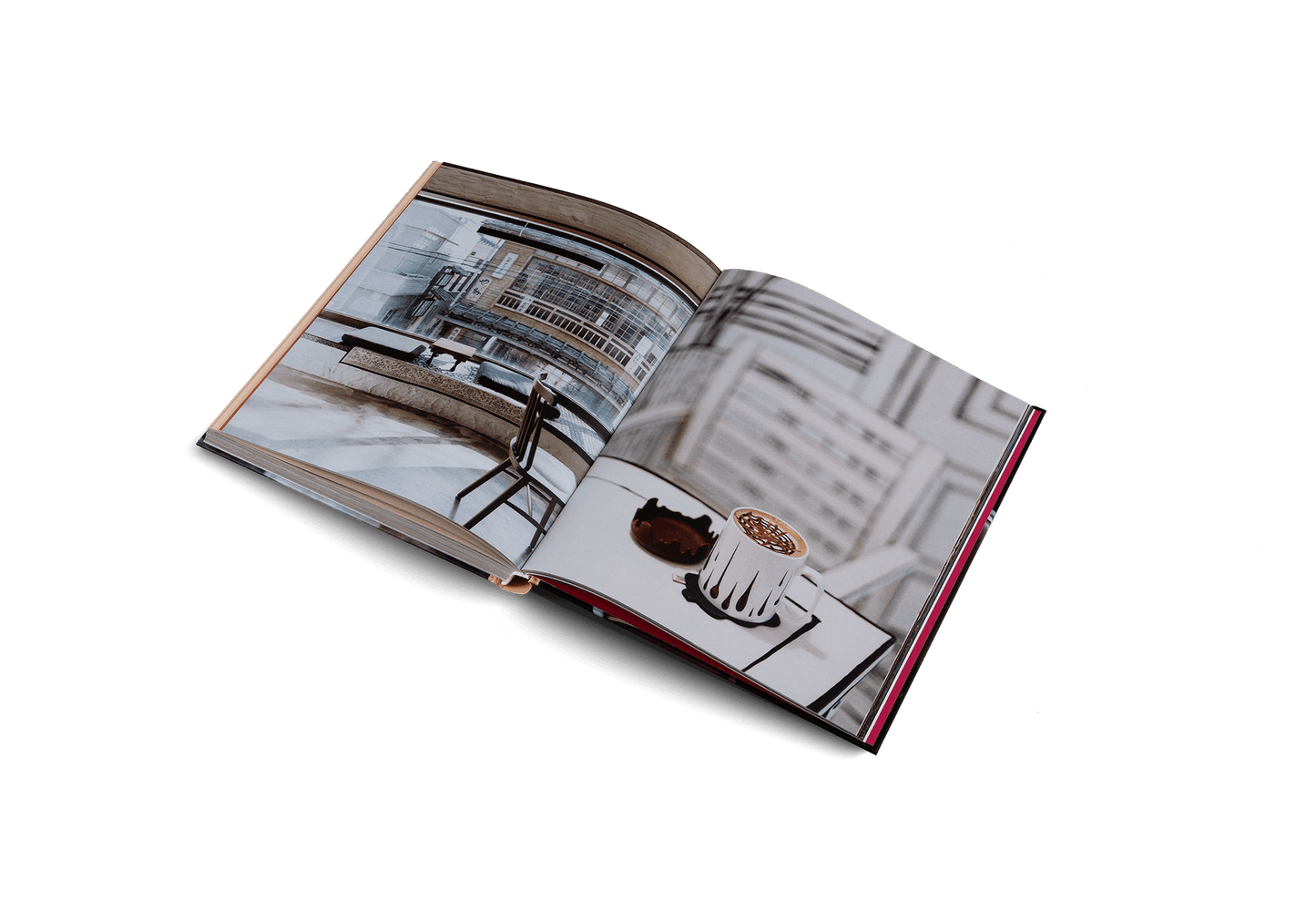 Open book with architectural illustrations on a white background
