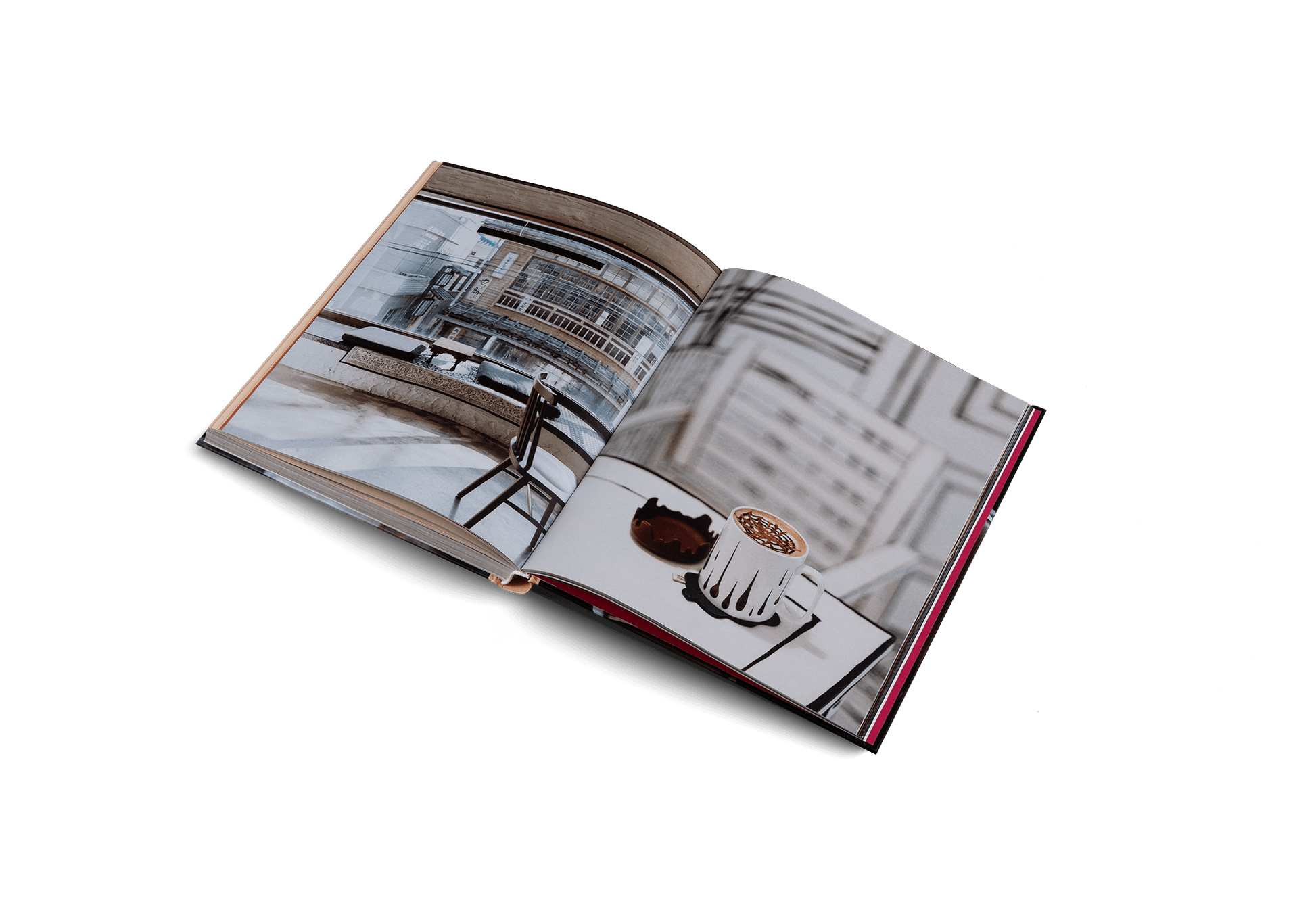 Open book with architectural illustrations on a white background