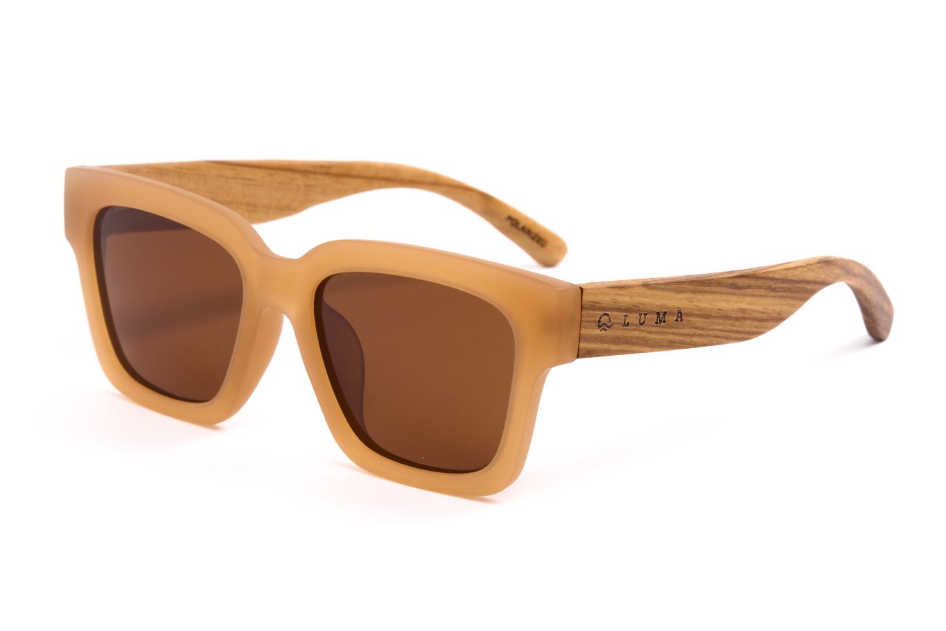 Brown sunglasses with wooden frame on a white background