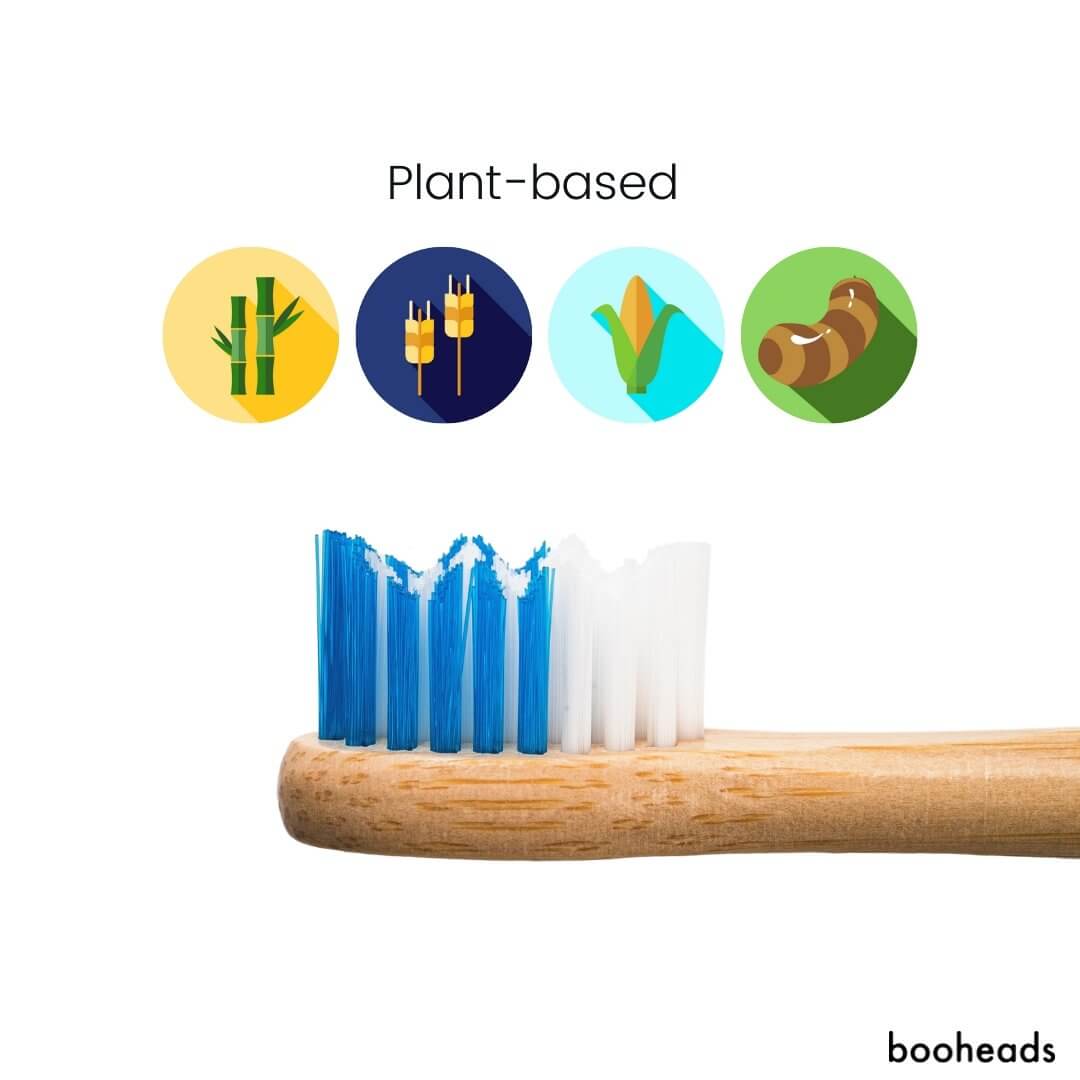 Bamboo toothbrush with plant-based material icons on a white background