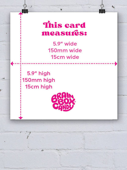 Size guide showing the square card measures 150mm by 150mm