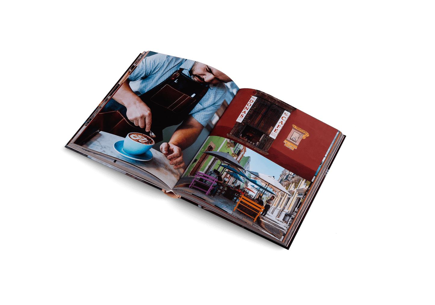 Open photo album showing images of a person at a café and a cityscape.