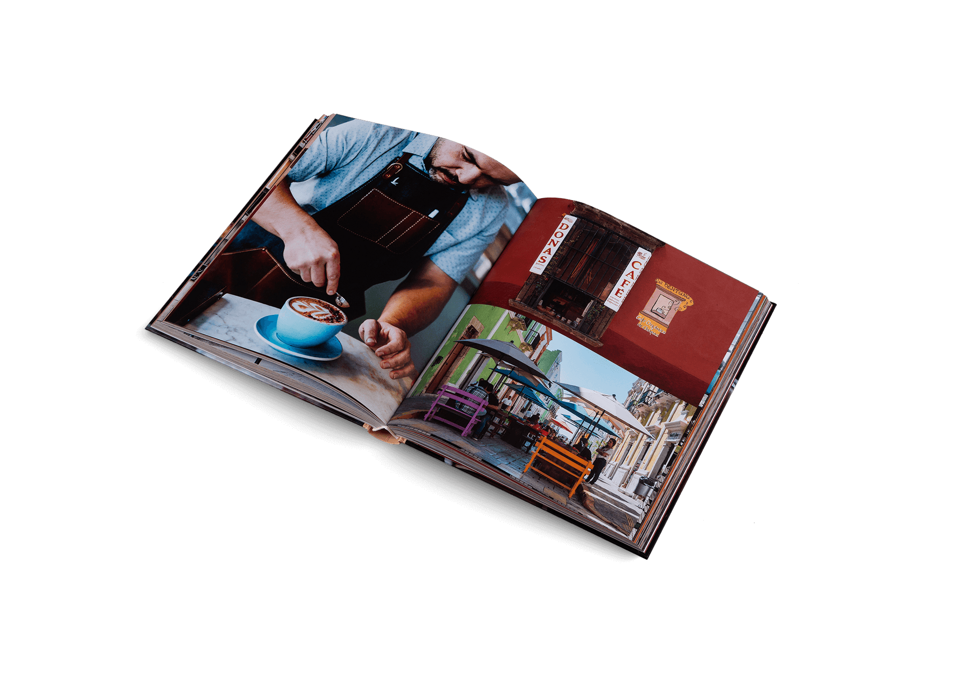 Open photo album showing images of a person at a café and a cityscape.