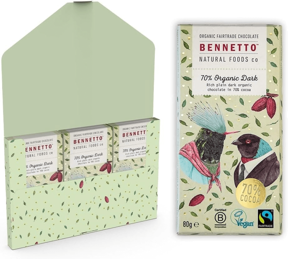 70% Organic Dark chocolate packaging from Bennetto, featured in eco-friendly online shop UK, Brighton and Hove.