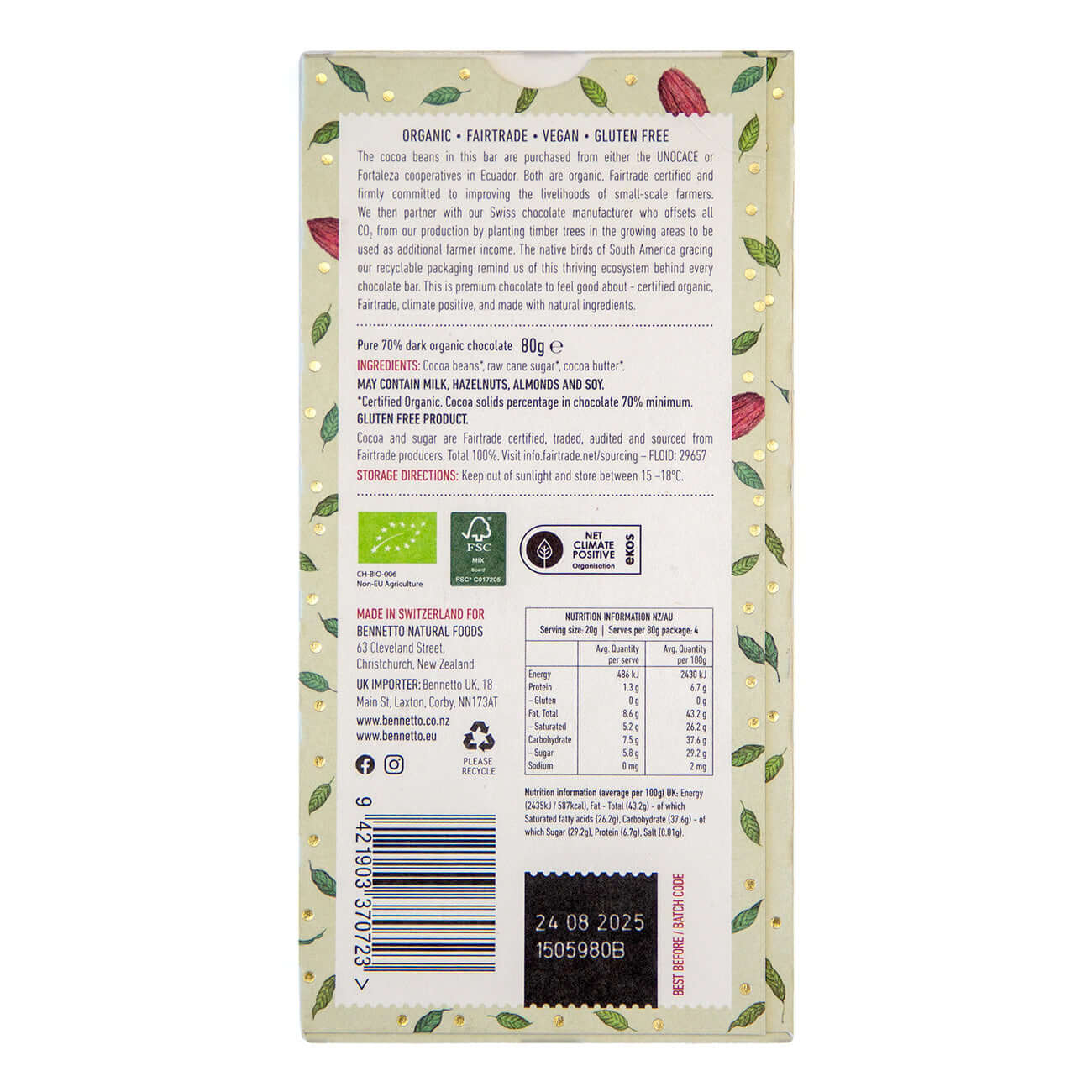 Back of 70% Organic Dark chocolate bar packaging showcasing eco-friendly details, Fairtrade certifications, and ingredients.