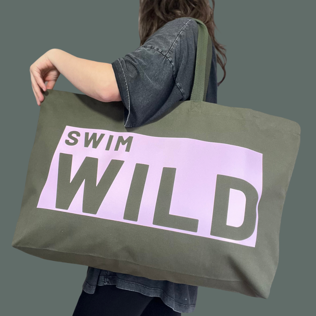 Jumbo Swim Wild Oversized Canvas Tote Bag - Olive/ Pink