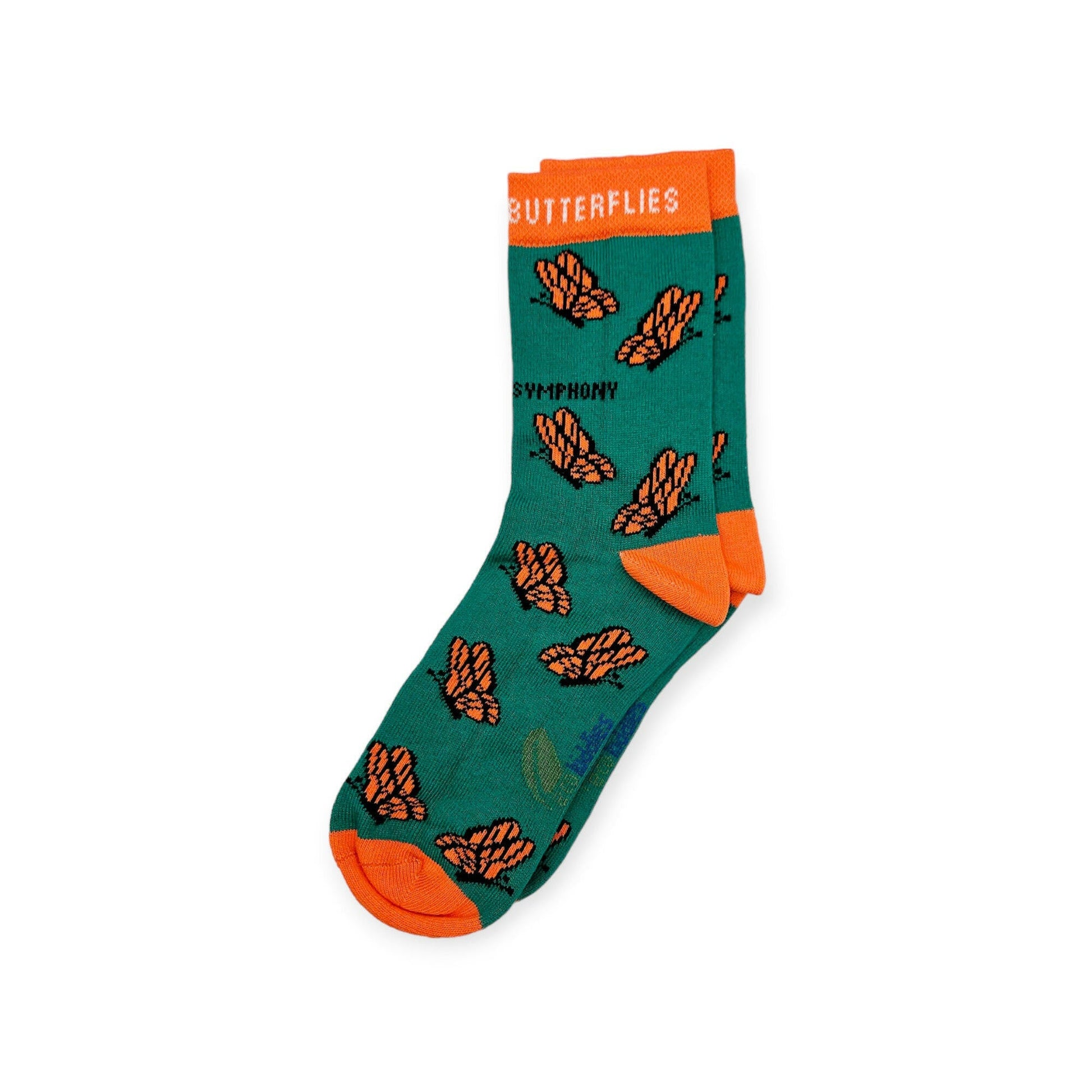 Green sock with orange accents and butterfly pattern on a white background