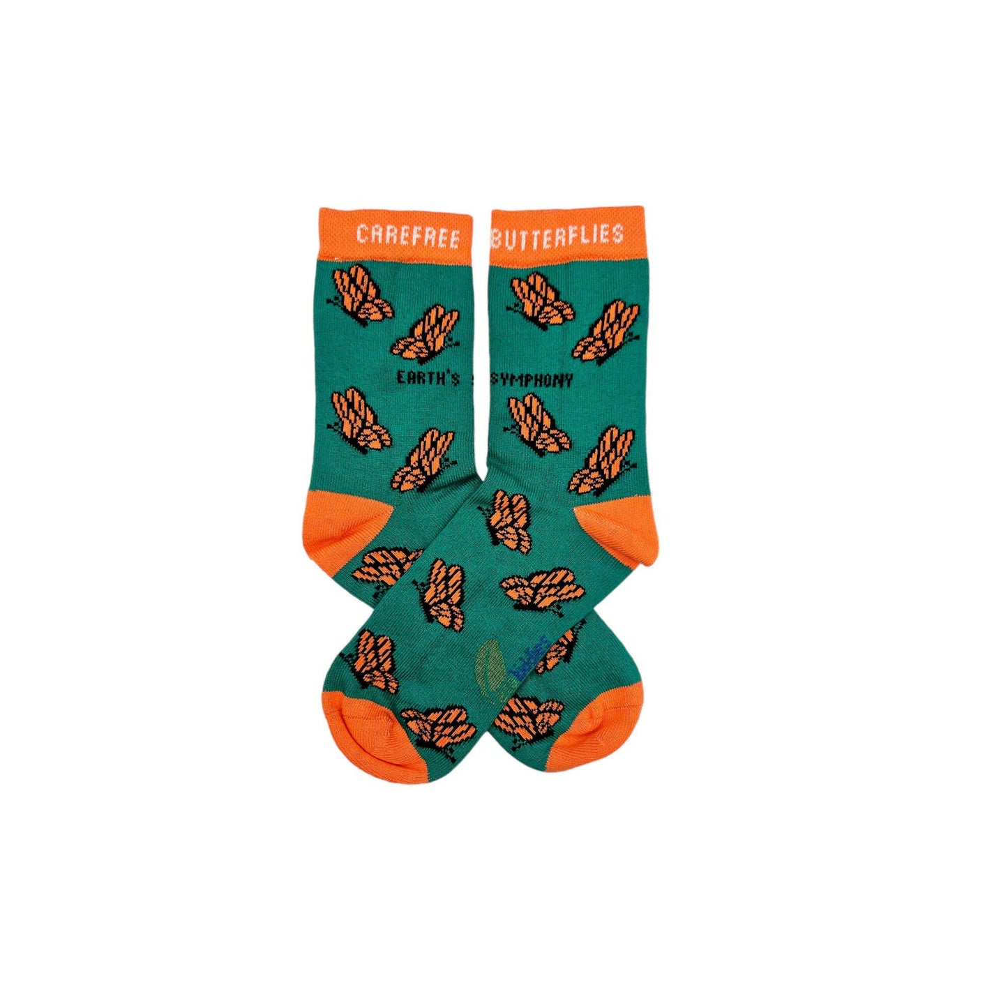 Green socks with orange accents and butterfly design on a white background
