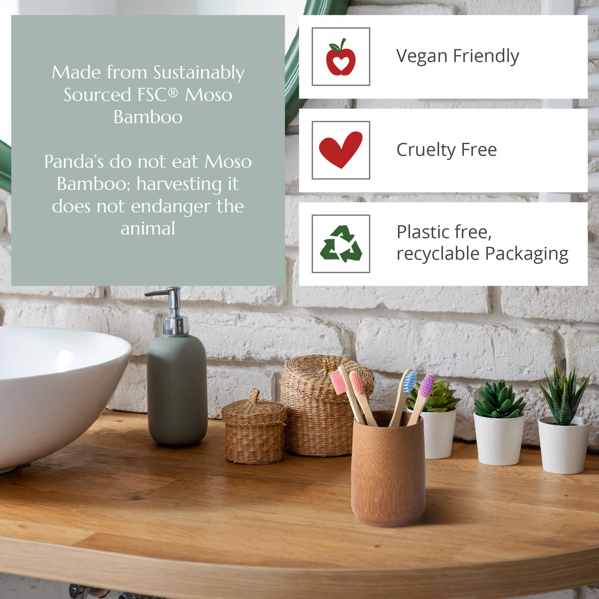 Bathroom setting with bamboo products and sustainability information on a wooden surface.