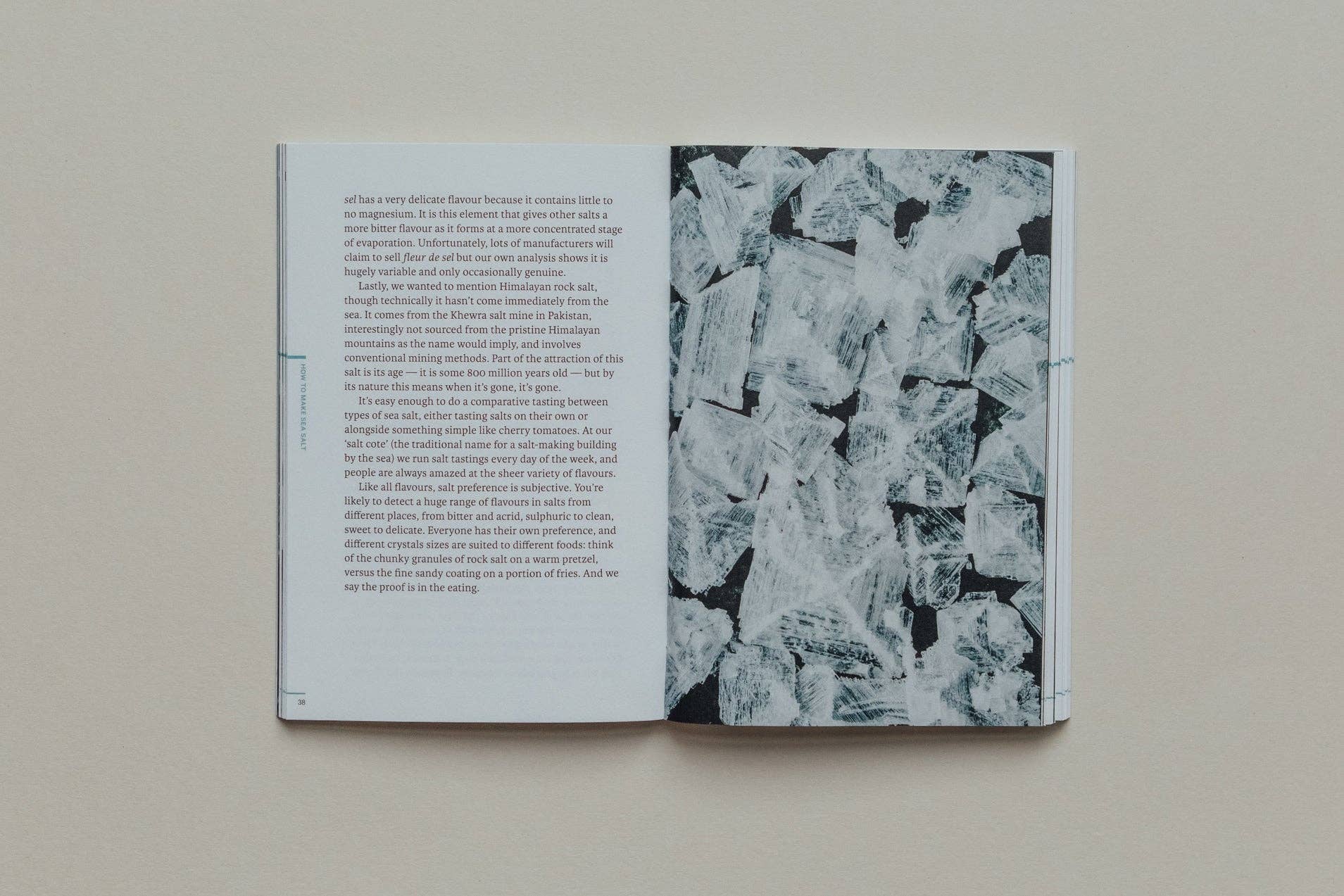Open book with text on one page and black and white abstract pattern on the other, against a beige background.