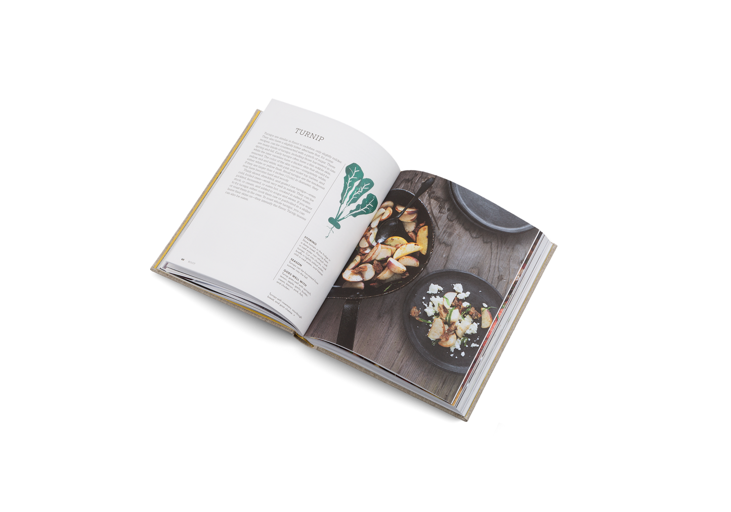 Open cookbook showing a page with food images on a white background