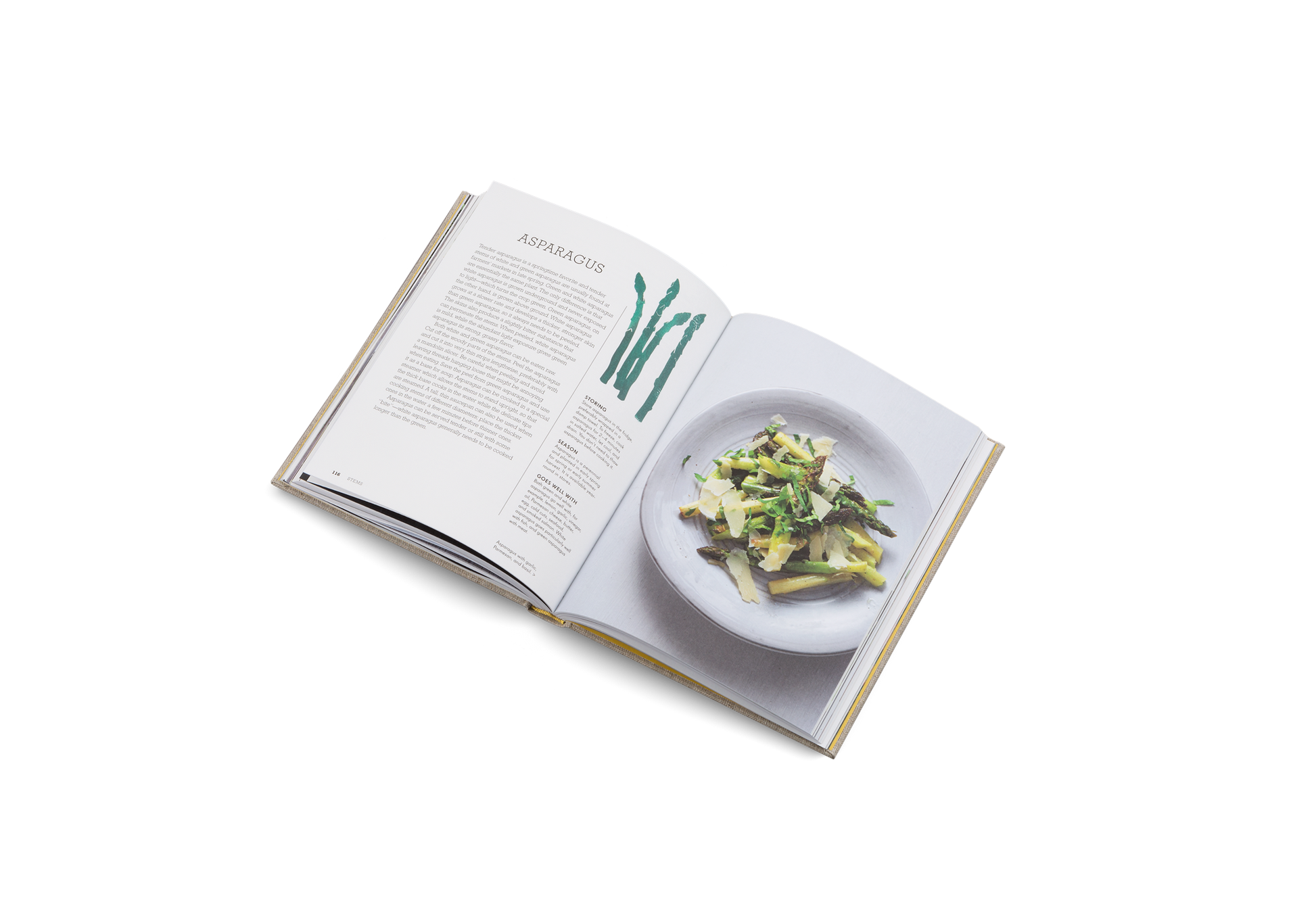 Open cookbook showing a plate of salad on a white background