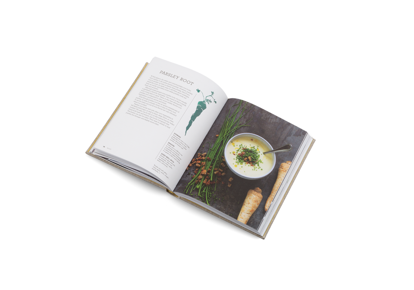 Open cookbook showing a page with a photograph of a dish and text on a white background