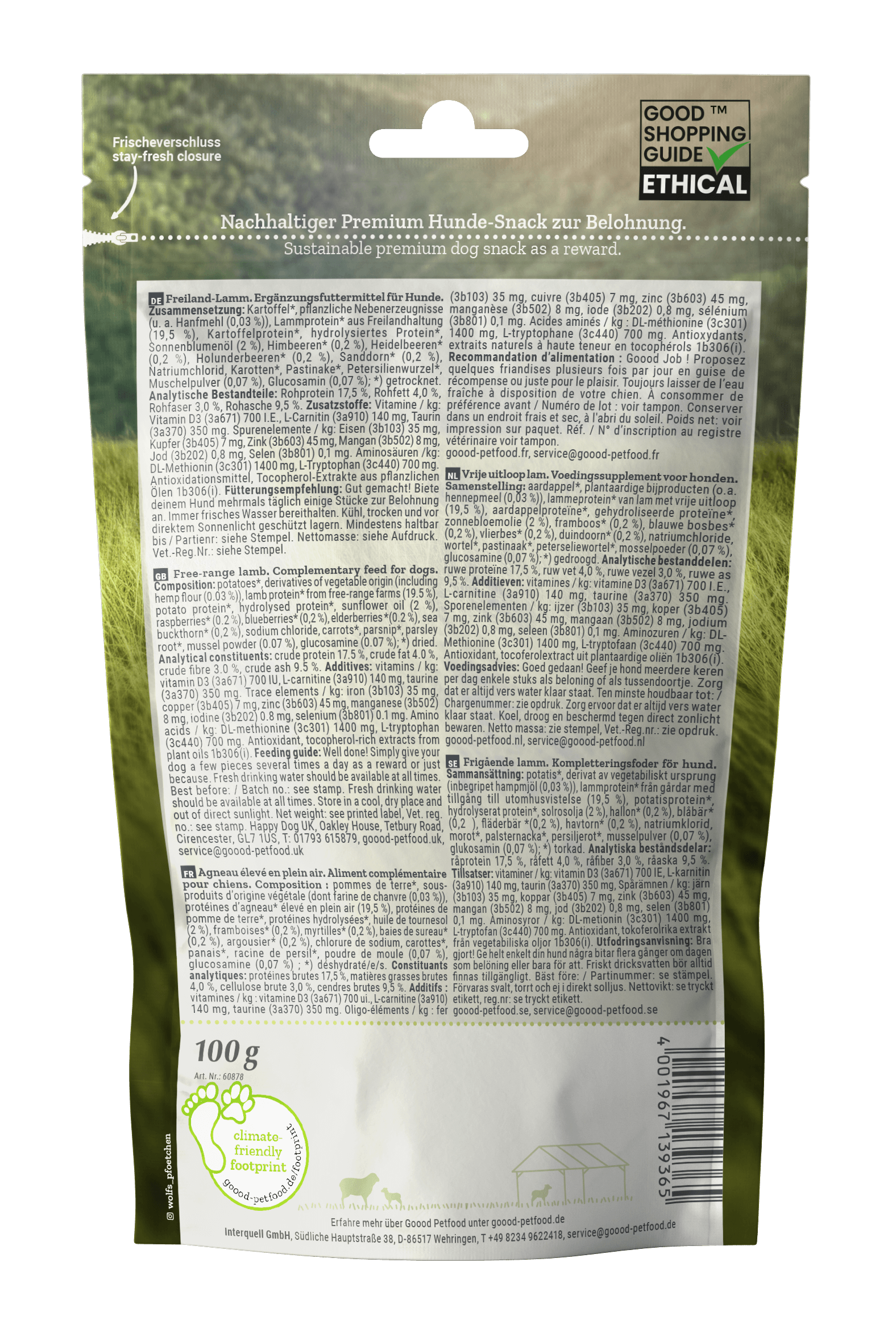 Adult Soft Gooodies - free range lamb dog treats packaging with natural ingredients and ethical sourcing.