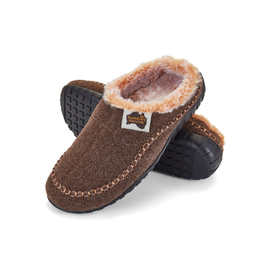 Pair of brown slippers with fur trim on a white background