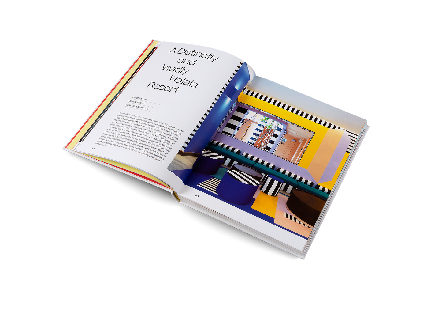 Open book with colorful interior design illustration on a white background