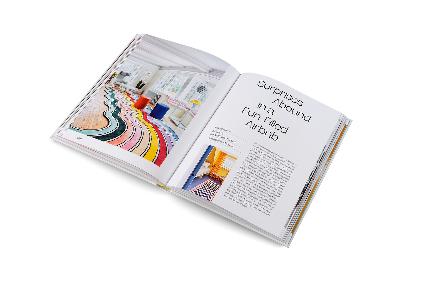 Open book with interior design images and text on a white background